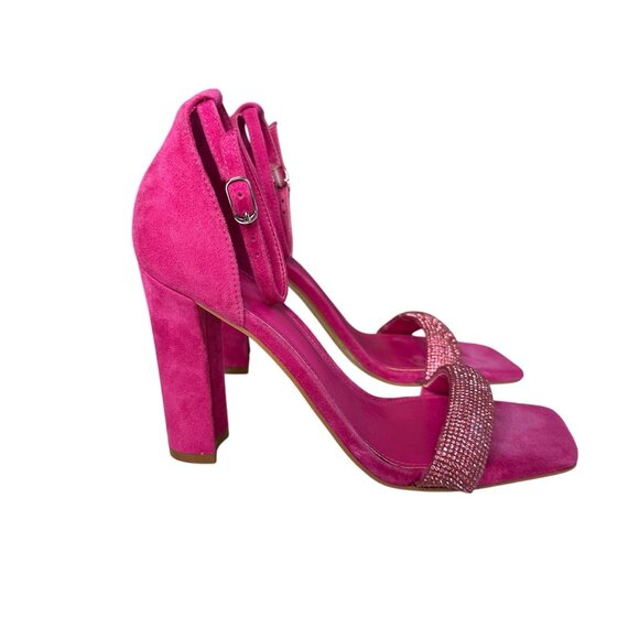 Marc Fisher Angelo Heels 7.5 Pink Glitter Block Heel Strappy Suede Party Shoes - Picture 2 of 8